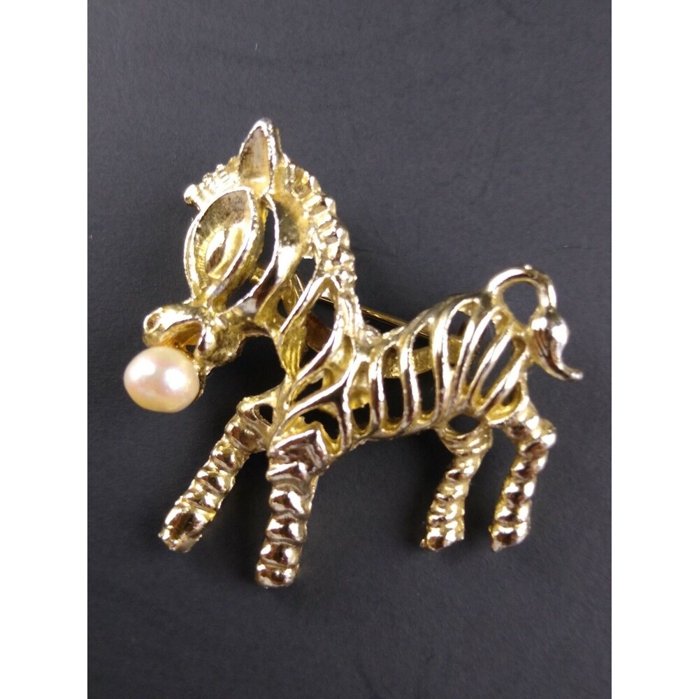 Vintage Brooch Pin Gold Tone Zebra w Faux Pearl in Mouth 1960s